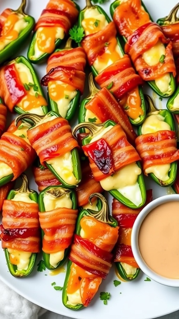 Crispy bacon-wrapped jalapeño poppers on a platter, garnished with herbs and served with dipping sauce.